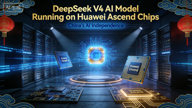 DeepSeek V4 运行在华为昇腾芯片上，中国 AI 算力独立示意图